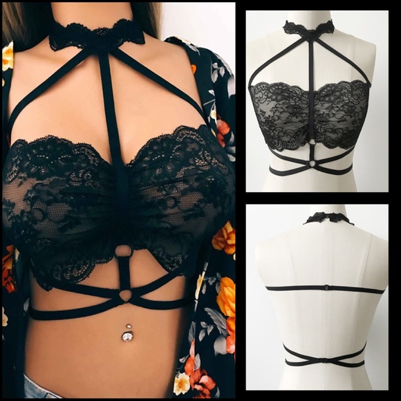 Black Strappy Lace Bra w/ Lace Choker NWT - Picture 1 of 8